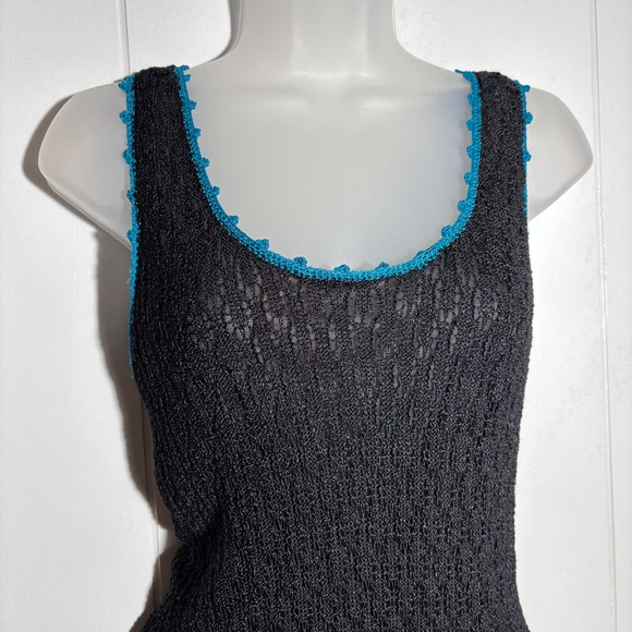 Knot Knot by Sharmark Tops - Whimsigoth Black Cyan Blue Trim Crochet Tank‎ Top XL Scoop Festival Boho Indie